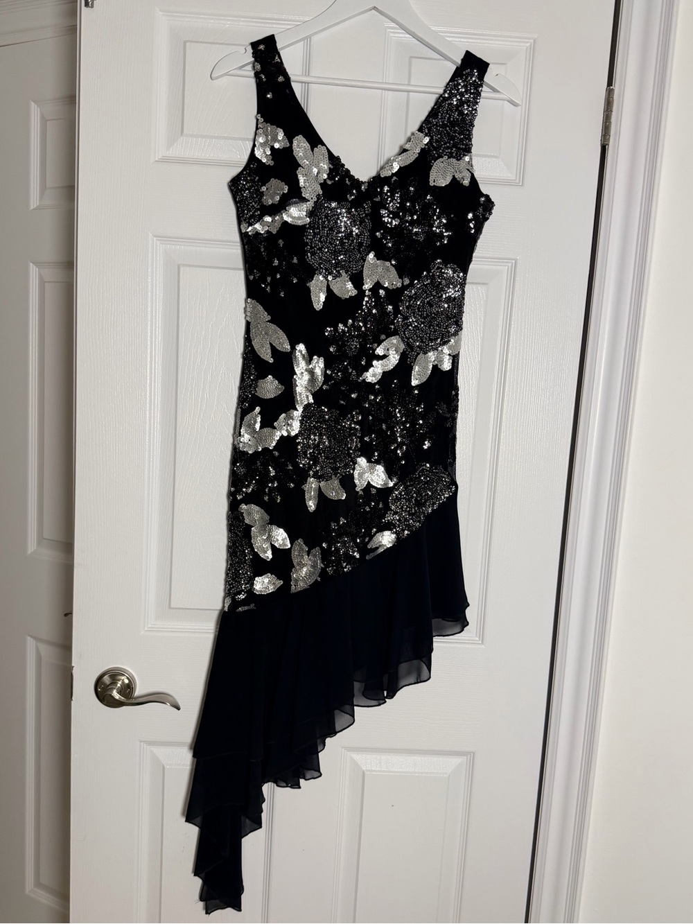 Black & Silver Sequin Floral Asymmetrical Chiffon Dress Size S